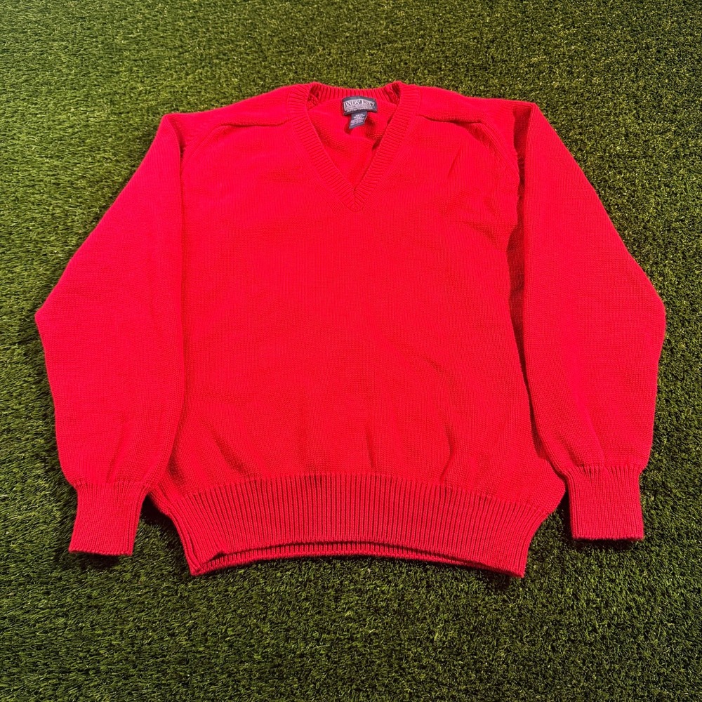 Vintage Lands End Sweater Mens Medium Red V-Neck Cotton Knit Pullover USA Made